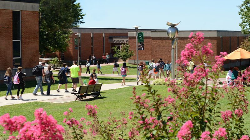 Students walking and interacting on a campus pathway surrounded by vibrant pink flowers.