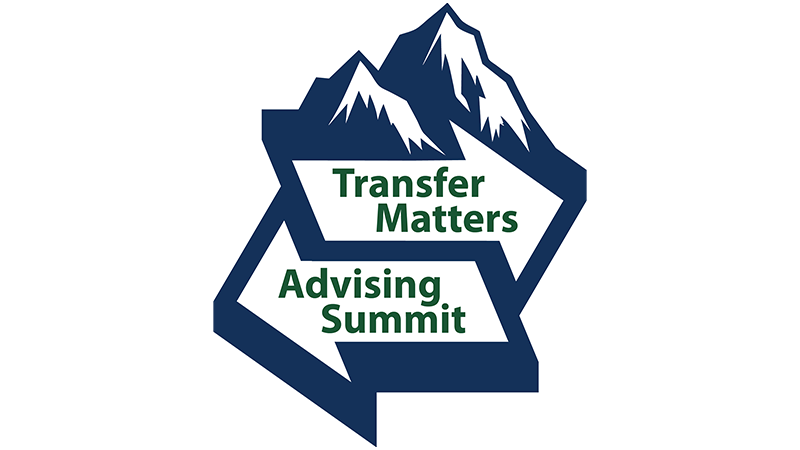 A navy blue mountain-shaped logo with the words Transfer Matters and Advising Summit in green on a white background.