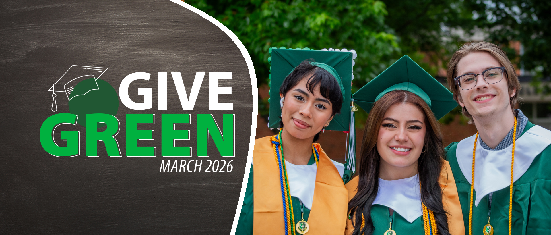 Graduates wearing caps and gowns, smiling together outdoors
