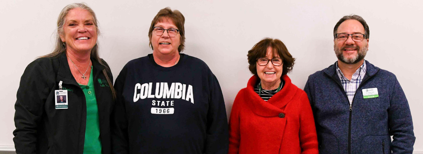 Pictured (left to right): Dr. Kae Fleming, Columbia State dean of the Health Sciences Division; Sue Christian, Columbia State program director and assistant professor of anesthesia technology and recipient of the 2025 Chancellor’s Commendation for Military Veterans; Dr. Janet F. Smith, Columbia State president; and Dr. Shane Hall, Columbia State vice president for the Williamson Campus and community engagement.