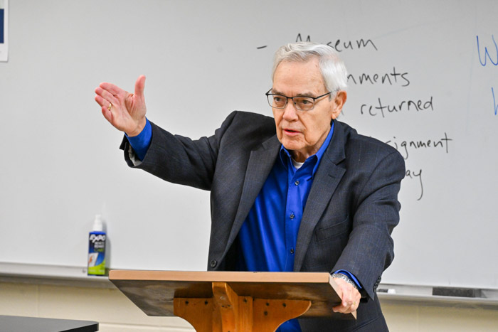 Former U.S. Representative Bob Clement speaks to a Tennessee history class taught by Emily Senefeld, Columbia State instructor of history.