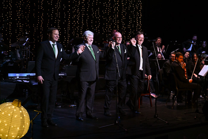 Pictured (left to right): Irish Tenors Patrick Hyland, Anthony Kearns and Dr. Ronan Tynan, and conductor David Wroe close out the night with a standing ovation from the crowd at Columbia State’s Cherry Theater.