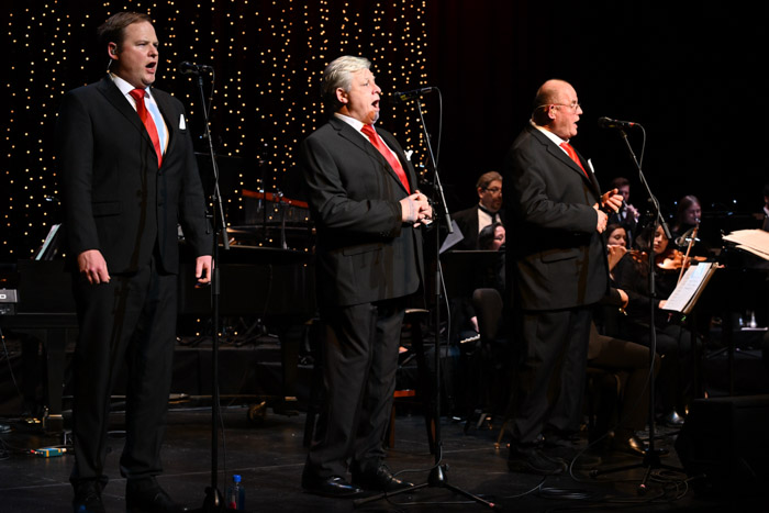 Pictured (left to right): Irish Tenors Patrick Hyland, Anthony Kearns and Dr. Ronan Tynan perform alongside an 18-piece orchestra at Columbia State’s Cherry Theater. 