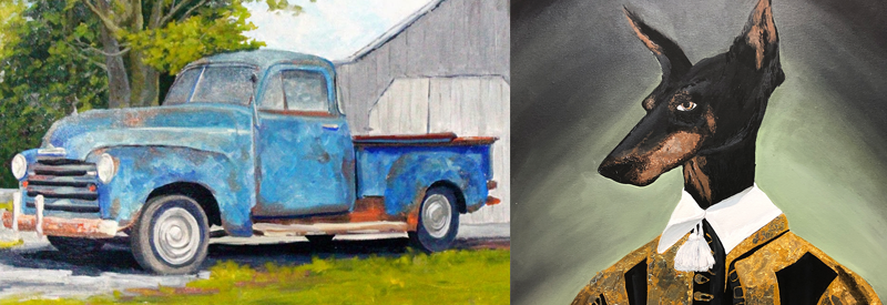 paintings of old truck and dog