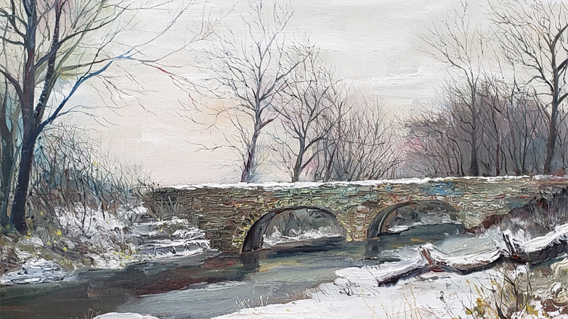 painting of bridge in winter